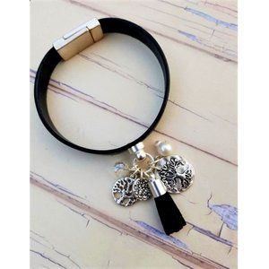 Bracelet. Tree of Life. Black Faux Leather. Charms. Magnetic Clasp.
